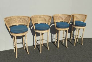 Four Vintage French Country Cane Wide Back Blue Bar Stools Faux Bamboo Barstools 3