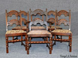 Set Of Six Vintage Jacobean Solid Carved Dark Oak Dining Chairs French Country