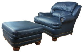 Vintage Thomasville Blue Leather Lounge Club Chair & Ottoman W Nailhead Trim