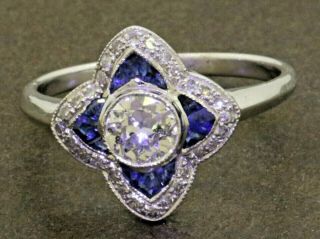 Antique 18k Wg 1.  18ctw Diamond/blue Sapphire Flower Cocktail Ring W/.  60ct Ctr.