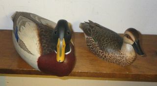 2 Vintage Ken Harris Duck Decoys Hand Painted With Glass Eyes