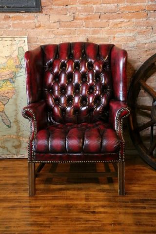 Vintage Tufted Wingback Chair Oxblood Leather Office Library Desk Bankers Chair