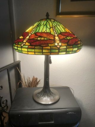 Vintage Tiffany Dale Dragonfly Stained Slag Glass Table Lamp Stamped