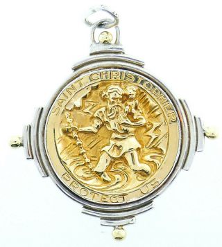 Vintage Sterling Silver 14k Yellow Gold Saint Christopher Pendant Medallion