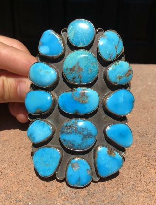 Huge 4 1/8 " Vtg Navajo Cluster Kingman Turquoise Sterling Silver Cuff Bracelet