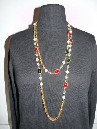 Auth Chanel Vintage Gripoix Sautoir Necklace Extra Long Glass Pearls Gold N°1