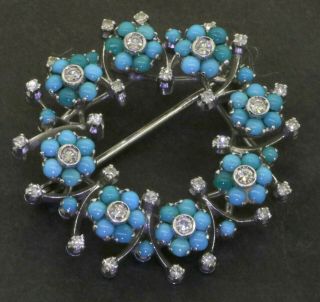 Vintage 18k Wg 1.  04ct Vs Diamond & Natural Turquoise En Tremblant Flower Brooch