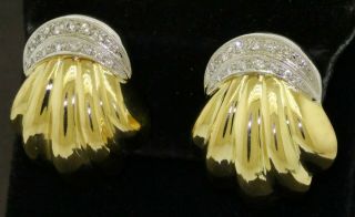 Vintage 18k 2 - Tone Gold.  87ctw Vs Diamond Chunky Shell Clip - On Earrings