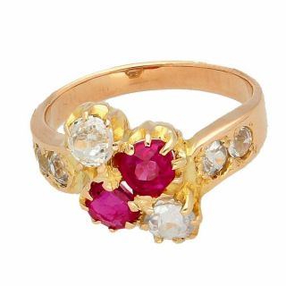 Vintage 18ct Yellow Gold 1.  00tcw Old Cut Diamond & Ruby Cluster Ring (size J1/2)