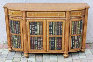 Vintage Maitland Smith Tooled Leather Wrapped Credenza Cabinet With Faux Books