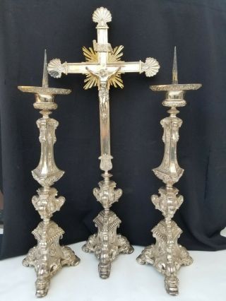 Vtg Silver Plated Set Religious Altar Church Candlesticks Candelabra & Crucifix