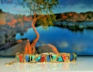 Vintage Navajo " Calvin Begay " 14k Gold & Multi - Colored Gem Inlay Link Bracelet