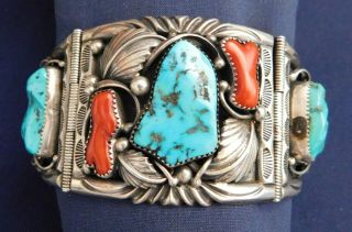 Navajo Wcv Sterling 3 Turquoise 4 Coral Handmade Vintage Hinged Bracelet Estate