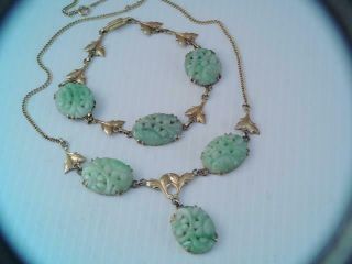Vintage Solid 14 K Gold Carved Green Jade Necklace & Bracelet Set Stunning