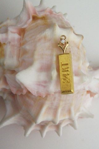 Vintage 24 K Solid Yellow Gold Bar W/diamond Pendant Charm 3.  1 Grams Pure 9999
