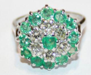 Large Vintage 18ct White Gold Emerald & Diamond Cluster Ring Size N 1/2