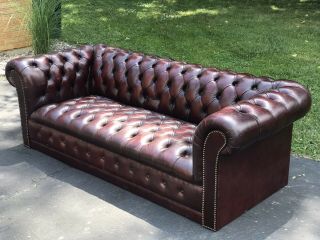 Vintage Oxblood Leather Chesterfield Tufted Parlor Sofa Nailhead Trim 77 "