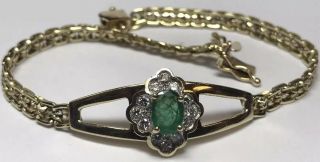 Vintage 14k Yellow Gold Oval Cut Natural Emerald & Diamond Bracelet 7”