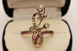 Antique Victorian 14k Gold Natural Diamond Ruby And Rose Cut Diamond Ring