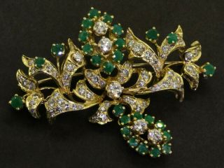 Jg Jlry Heavy Vintage 14k Yg 3.  83ct Vs Diamond & Emerald Cluster Floral Brooch