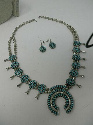 Vtg Zuni Sterling Silver & Turquoise/coral Squash Blossom Necklace & Earrings