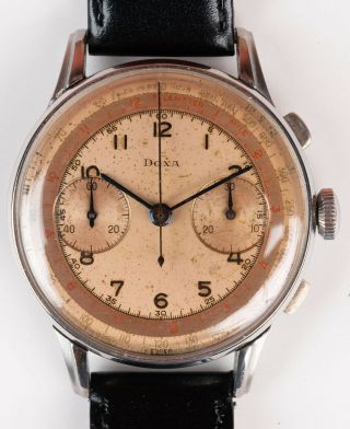 Large Vintage Doxa Valjoux 22 Chronograph Watch In Stainless Steel - Runs