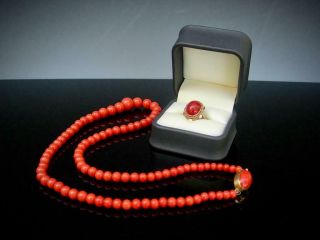 Vintage Chinese Yellow Gold & Red Coral Beads Necklace And Ring,  38.  1 Gram