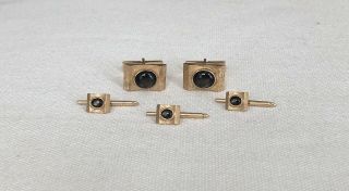 Vintage Mid Century Modern 14k Yellow Gold With Stones Cufflink And Stud Set
