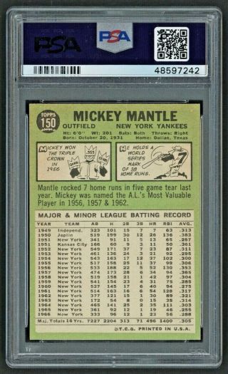 1967 Topps 150 MICKEY MANTLE PSA 7 NM 