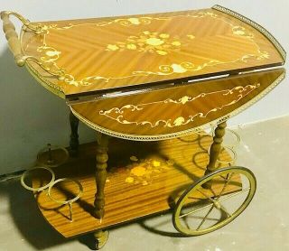 Vintage Italian Marquetry Inlaid Brass & Wood Tea/bar Cart