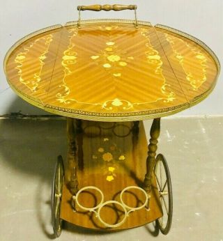 Vintage Italian Marquetry Inlaid Brass & Wood Tea/Bar Cart 2