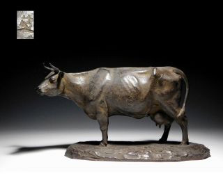 Signed Large Bronze Cow Okimono Statue Japanese Vintage Artwork