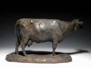 SIGNED Large Bronze Cow Okimono Statue Japanese Vintage Artwork 3