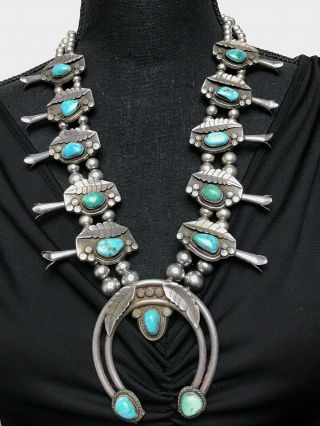 Vtg Huge 215g Old Pawn Navajo Squash Blossom Sterling Silver Turquoise Necklace