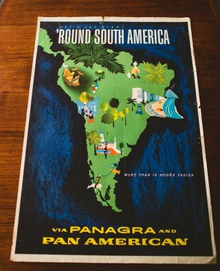 Vintage Round South America Pan Am Airline Travel Poster 1960s