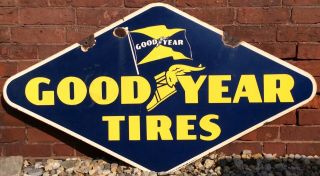 1947 Vintage Porcelain Goodyear Tires Sign Gas Oil Double Sided 48”x27”
