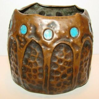 Antique Vintage Arts & Crafts Hammered Copper Enamel Cup Vase Roycroft Era