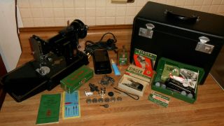 Vintage Singer 221 Featherweight Sewing Machine W/ Attachments & Case