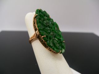 Vintage 14k Yellow Gold Carved Spinach Jade Jadeite Floral Ring 8 1/2 5.  8 Grams