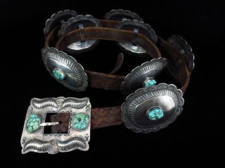 Vintage Navajo Concho Belt Coin Silver And Turquoise Heavy 13.  7 Oz