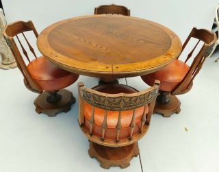 Antique/vtg Solid Oak Wood 42 " Table & 4 Swivel Chairs Stools Bar Pub Dining Set
