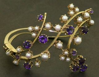 Vintage Heavy 14k Gold 6.  0ctw Amethyst & 5mm Pearl Floral Bangle Bracelet