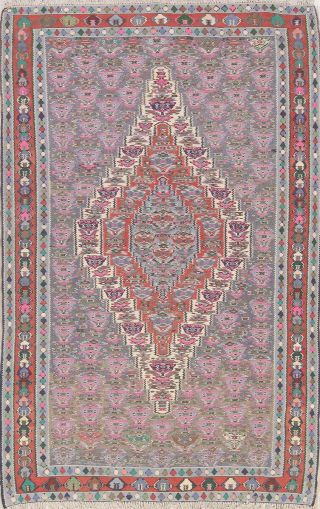Vintage Senneh Kilim Geometric Oriental Area Rug Hand - Woven Wool Carpet 5 
