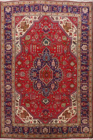 7x9 Vintage Red/navy Traditional Area Rug Geometric Hand - Knotted Oriental Carpet