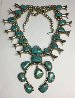 Awesome Vintage Navajo Sterling Silver & Turquoise Squash Blossom Necklace 238g