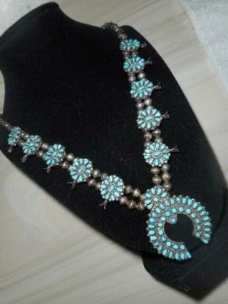 Vintage Zuni Petit Point Turquoise & Sterling Squash Blossom Necklace