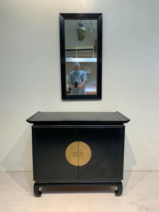 Vintage Black Wood Chinese - Style Cabinet With Mirror