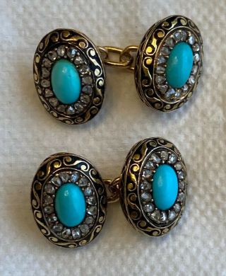 Antique Art Nouveau Deco Persian Turquoise Rose Cut Diamond 18k Gold Cufflinks