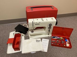 Vtg 70s Bernina 830 Record Sewing Machine,  Red Travel Case,  Cord & Pedal,  More