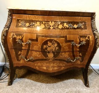 Vintage Louis Xv Marquetry Inlay Bombe Commode Chest Drawers Dresser